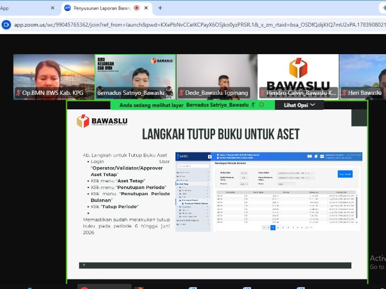 Hasil tangkapan layar Kasubag Administrasi dan Staf Pengelola BMN Bawaslu Kab. Kupang saat mengikuti zoom kegiatan Peningkatan Kapasitas Penyusunan LBKP semester I TA 2026