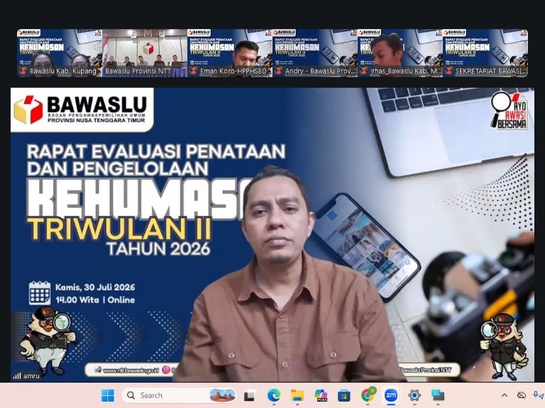 Tangkapan layar saat Anggota Bawaslu Provinsi NTT, Amrunur Muh Darwan saat memaparkan hasil evaluasi Pengelolaan Kehumasan Triwulan II 2026 Bawaslu se NTT.
