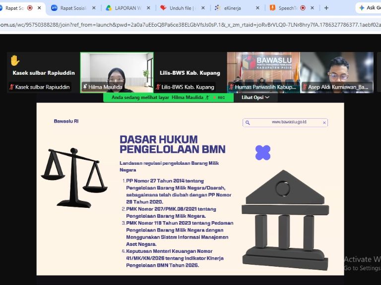 Hasil tangkapan layar saat mengikuti Rapat Sosialisasi Target Indeks Pengelolaan Aset (IPA) dan Penuntasan Pengelolaan Barang Milik Negara (BMN) Kondisi Rusak Berat yang diselenggarakan oleh Bawaslu Republik Indonesia secara daring