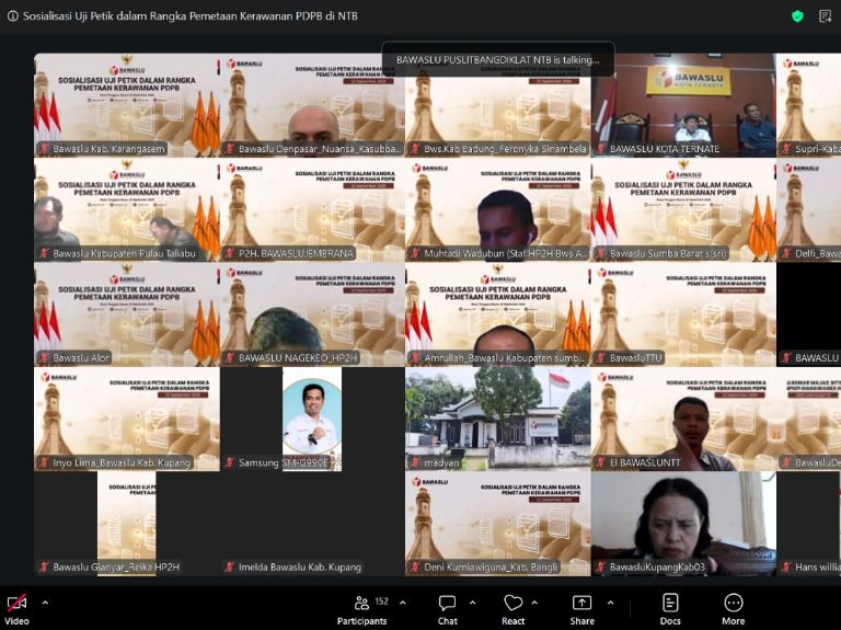 Tangkapan layar Koordinator Divisi P2H Bawaslu Kabupaten Kupang Maria Yulita Sarina S.E., saat mengikuti Sosialisasi Uji Petik dalam rangka Riset Pemetaan Kerawanan Isu Strategis Pemutakhiran Data Pemilih Berkelanjutan (PDPB) 