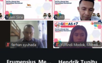Tangkapan Layar Koordinator Divisi PPPS Bawaslu Manggarai Frumensius Menti Saat menyampaikan Pendapat pada Kegiatan Gemas Edisi VII Bawaslu Kabupaten Kupang